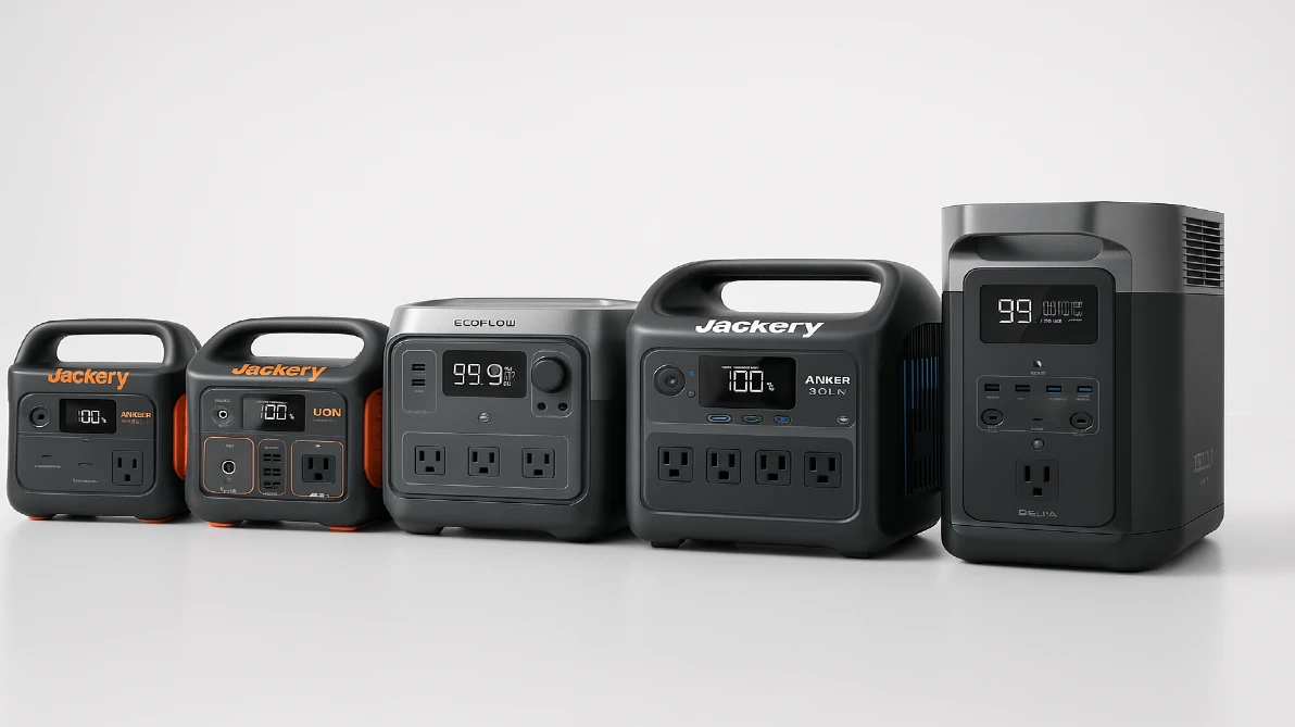 Showroom display of five backup generators for apartment use, including EcoFlow DELTA 2, Anker SOLIX C1000, EcoFlow RIVER 2 Max, Jackery Explorer 500, and Jackery 300 Plus, all arranged on a clean white background