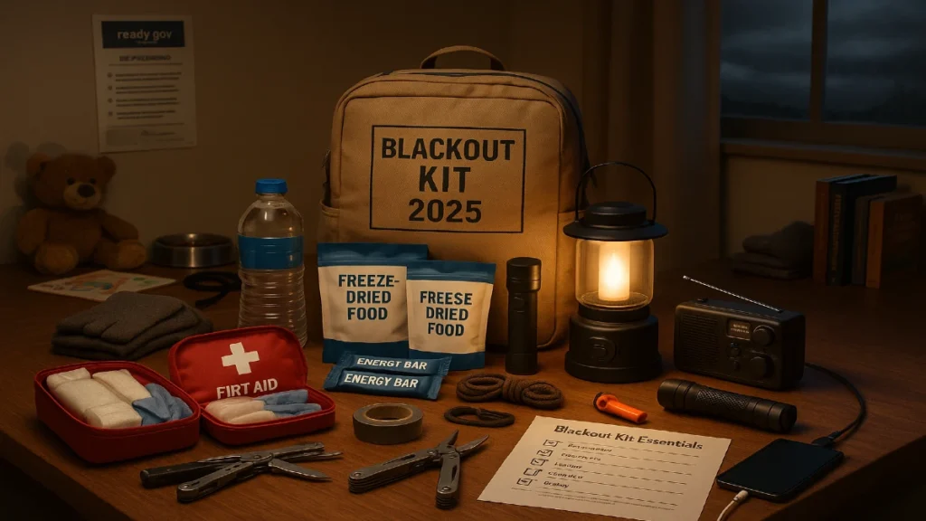 Fully stocked Home blackout kit with emergency supplies for 2025 including flashlight, food, water, radio, and checklist on a table during a power outage