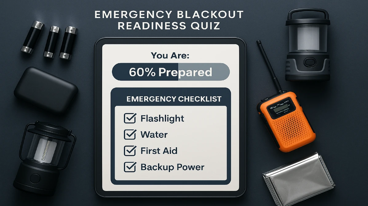 Emergency blackout readiness quiz results screen with gear checklist and progress score displayed on tablet with storm supplies.