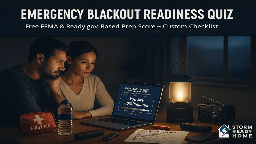 emergency blackout quiz scene with checklist and emergency gear based on FEMA and Ready.gov guidelines.