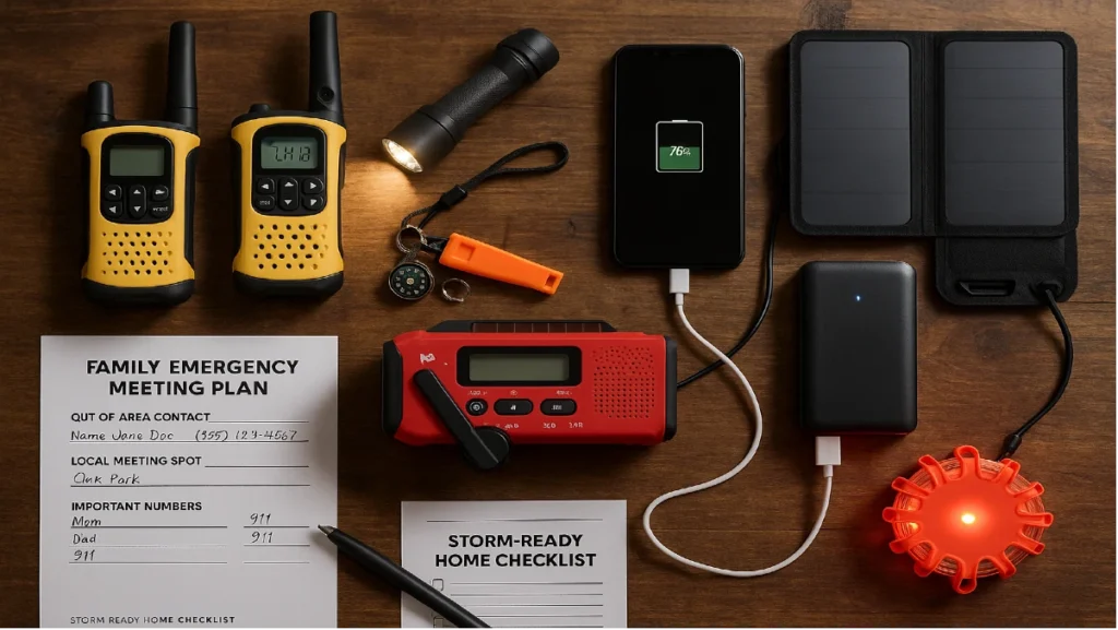 Flat-lay photo of emergency communication tools for storms, including a NOAA weather radio, power bank charging a phone, walkie-talkies, emergency whistle, LED flare, printed family communication plan, and flashlight on a wooden table.