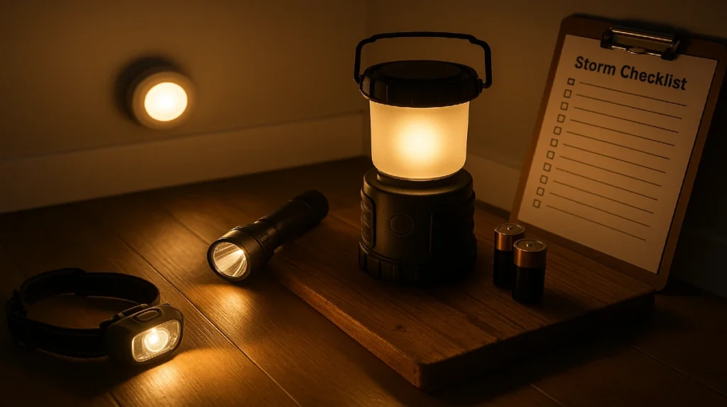 Emergency lighting for power outage setup with LED lantern, flashlight, headlamp, and tap light glowing indoors during blackout