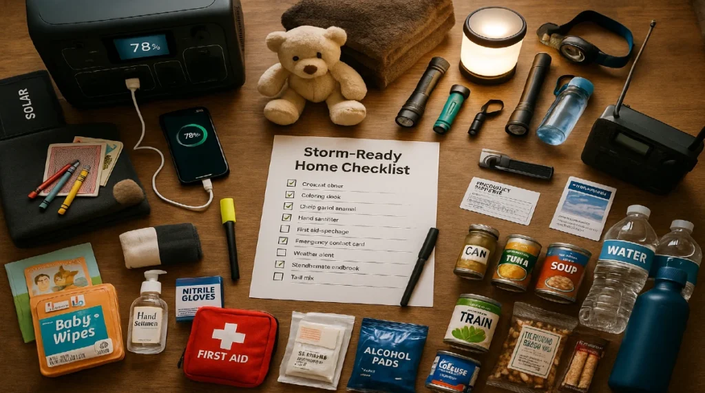 Flat lay of family emergency preparedness gear for blackouts, including a solar generator, LED lantern, NOAA radio, water, canned food, first aid kit, and a printed checklist