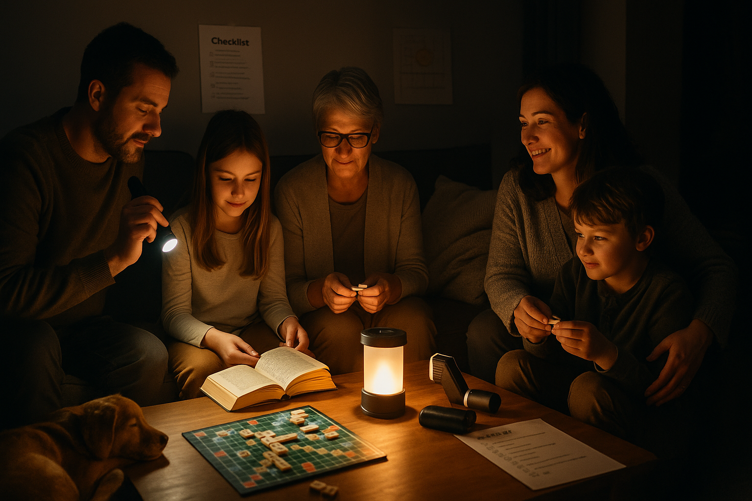 A family calmly using LED lanterns and a printed checklist to prepare for a power outage during an evening blackout at home.