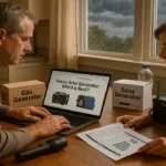 Family choosing between a gas or solar generator for blackout emergency prep