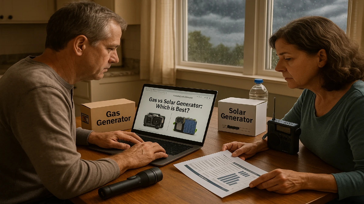 Family choosing between a gas or solar generator for blackout emergency prep