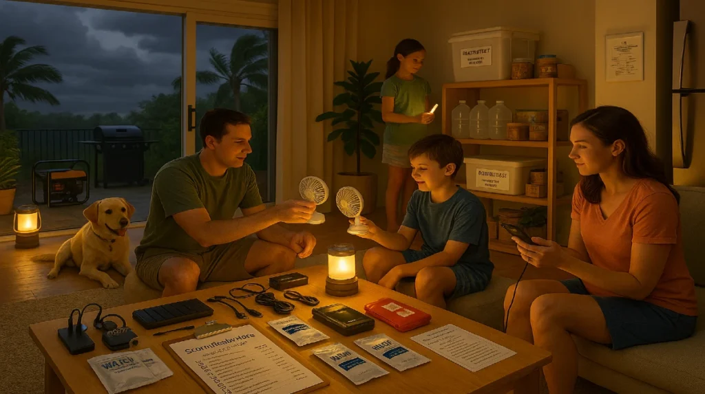 Family using home blackout kit during summer power outage with fans, lanterns, solar charger, and emergency checklist.