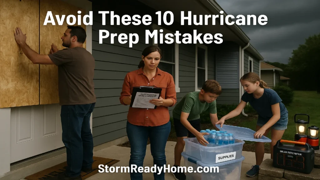 Family preparing for hurricane to avoid hurricane prep mistakes, showing parents and children organizing supplies and boarding up windows outside their home