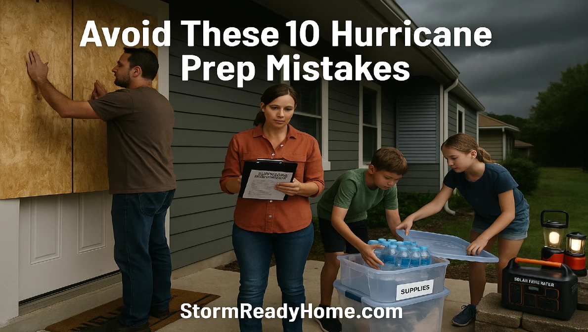 Family preparing for hurricane to avoid hurricane prep mistakes, showing parents and children organizing supplies and boarding up windows outside their home