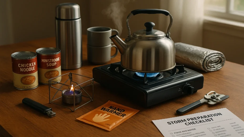 Emergency blackout cooking setup showing a portable butane stove heating a small kettle, surrounded by canned food, Sterno fuel, a folding stand, insulated mugs, and a thermal blanket on a wooden table.