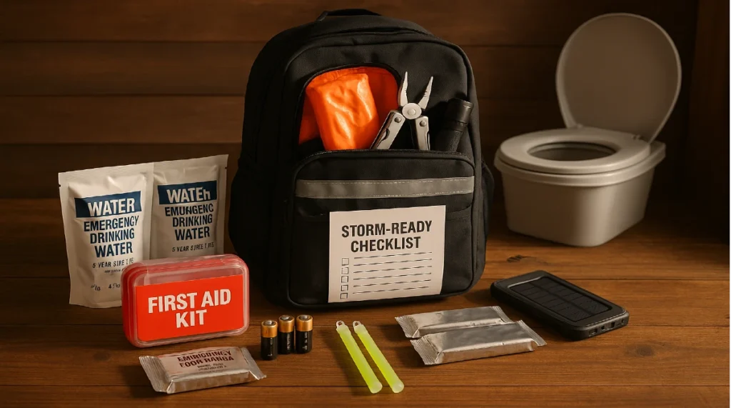 Ready-made emergency kits for storm prep, including a go bag, flashlight, first aid kit, water pouches, emergency food, and blankets arranged on a table.