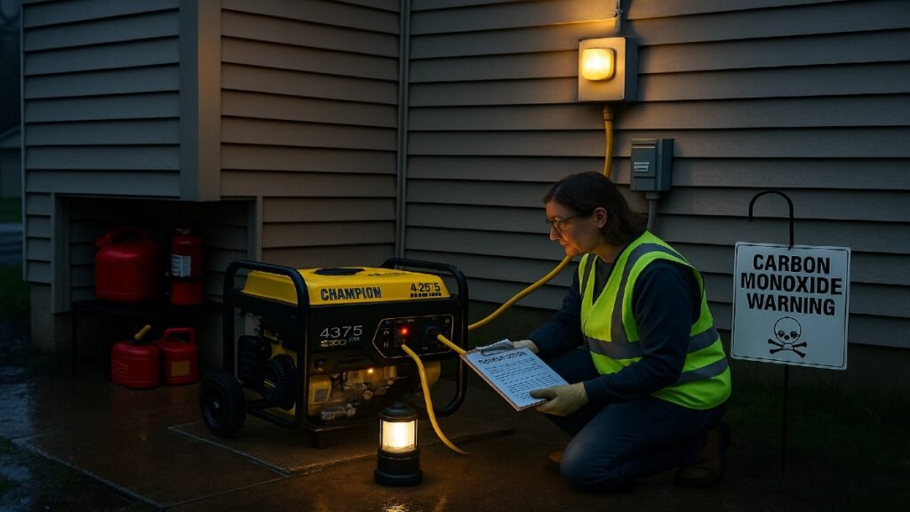 Person setting up a gas generator safely outdoors with carbon monoxide warning