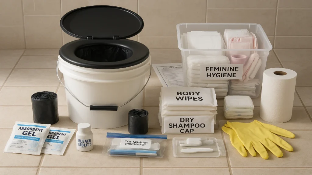 Sanitation and hygiene supplies for storm prep, including a bucket toilet, body wipes, bleach, gloves, and feminine care items arranged on a bathroom floor.