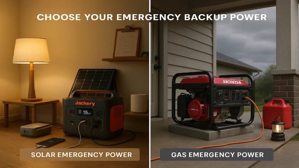 Indoor solar generator and outdoor gas generator shown side by side for emergency backup power options. Safe, reliable power sources during blackouts.