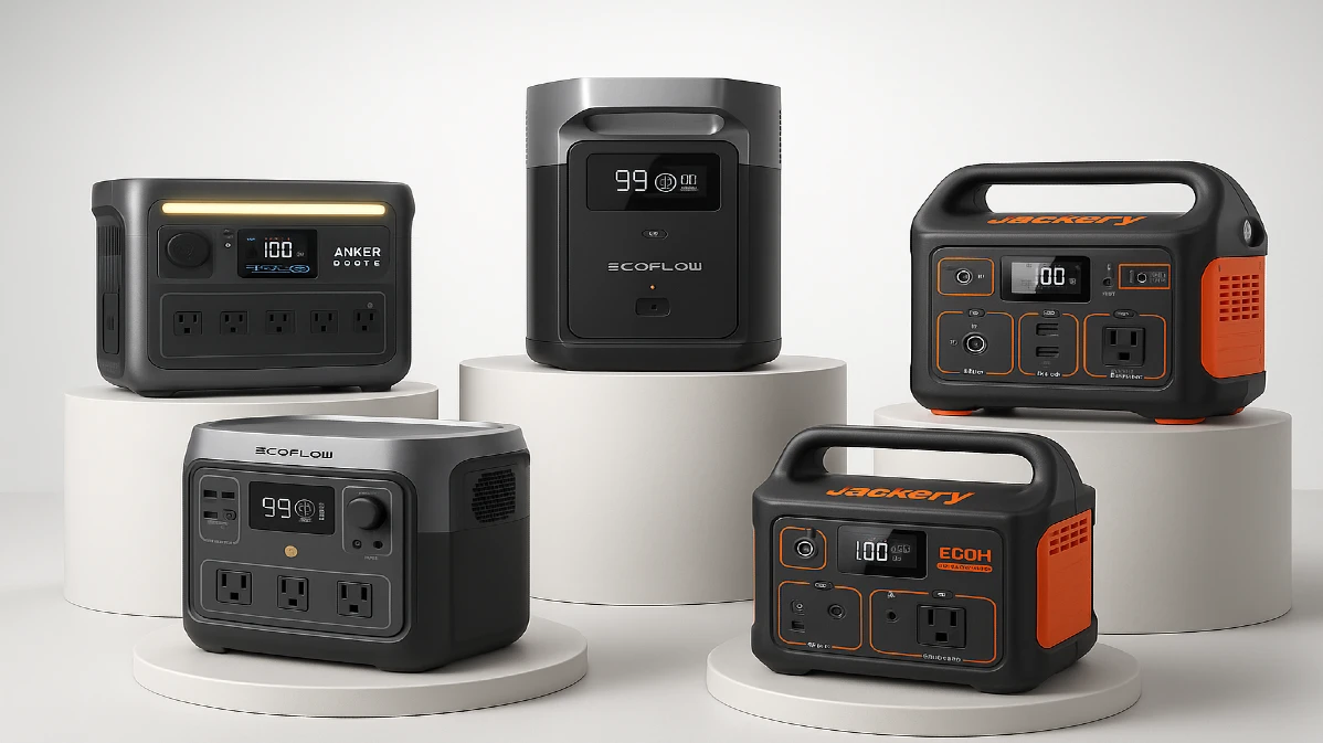 Top 5 safe indoor generators for apartment use displayed on white pedestals of varying heights: EcoFlow DELTA 2, Anker SOLIX C1000, EcoFlow RIVER 2 Max, Jackery Explorer 500, and Jackery Explorer 300 Plus in a professional studio setting