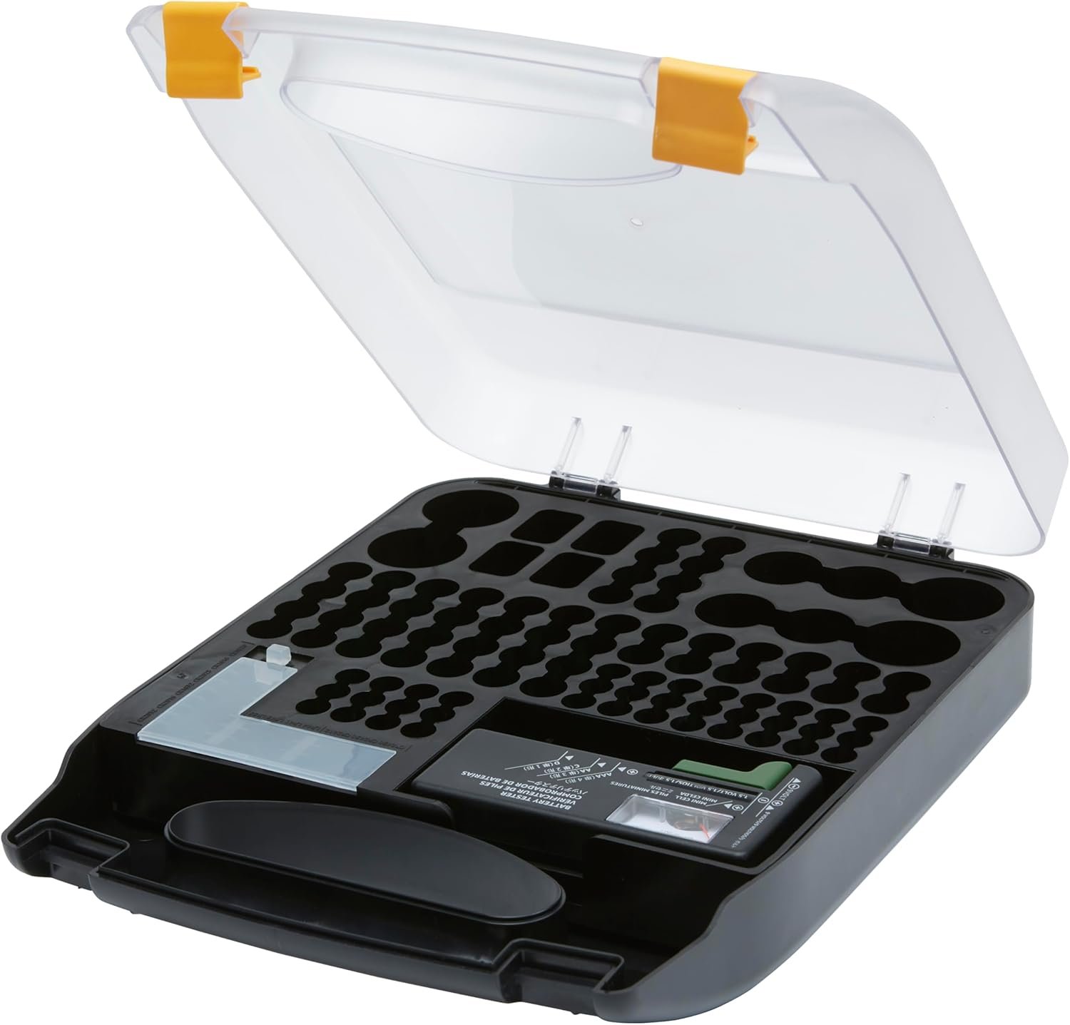 Amazon Basics battery organizer with tester and wall-mount, part of a Florida Hurricane Preparedness Plan