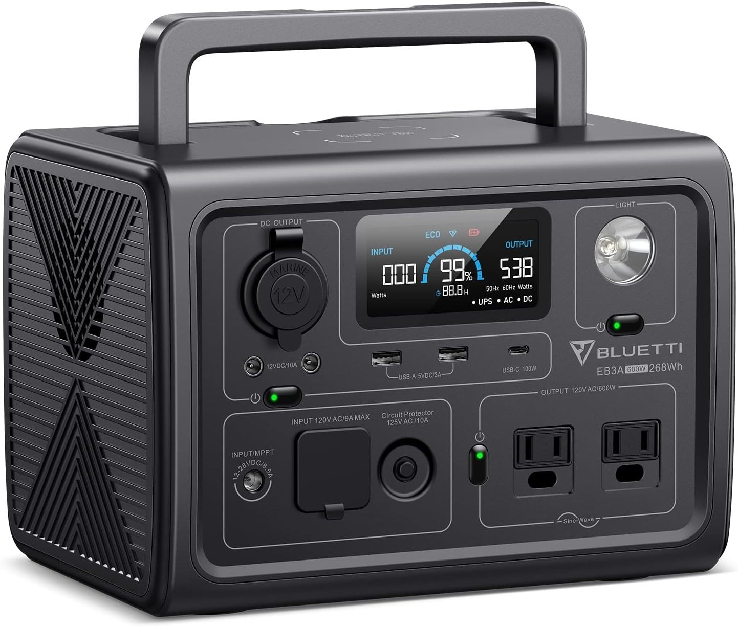 BLUETTI EB3A solar generator with LiFePO4 battery, nine outlets, and fast solar charging