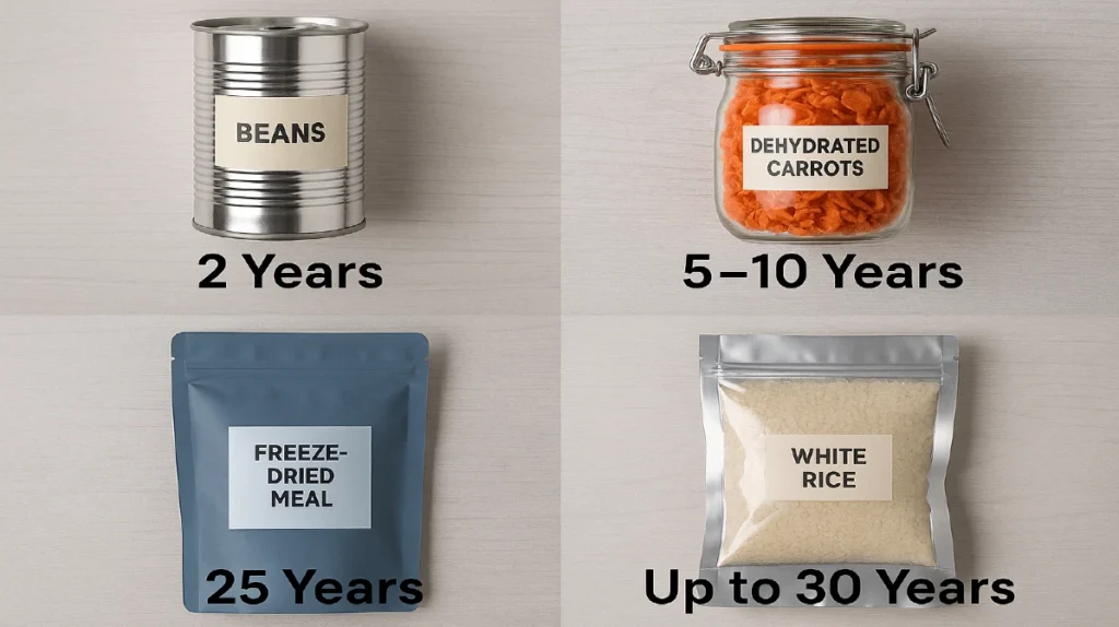 Balanced emergency food nutrition showing proteins, carbohydrates, and healthy fats