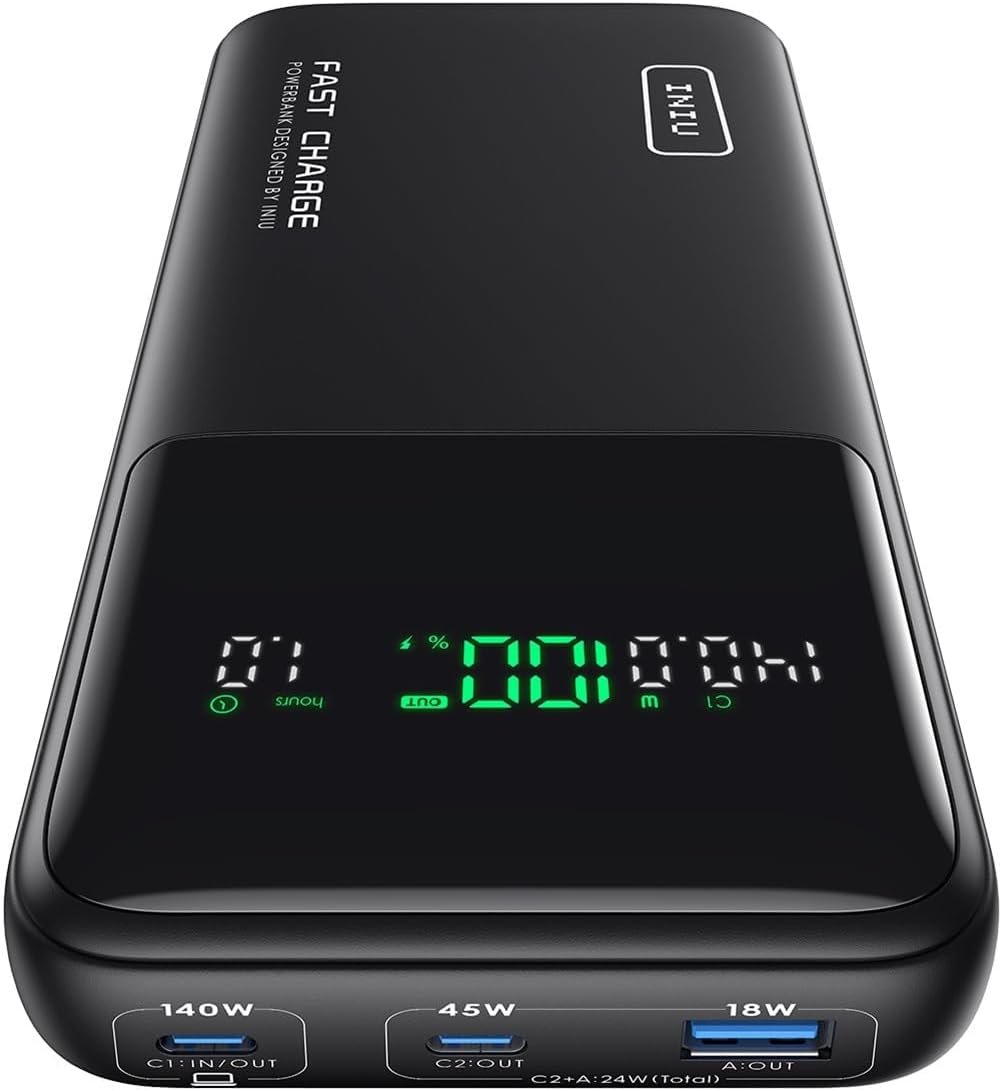 INIU 27,000mAh high-capacity power bank—ideal for powering laptops and multiple devices during blackouts
