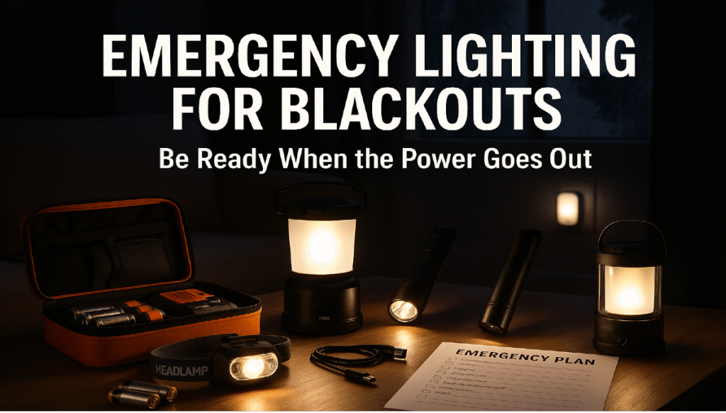 Bright, organized display of emergency lighting for blackouts—lantern, flashlight, headlamp, plug-in night light, emergency kit, and checklist on a modern table, with bold text overlay “Emergency Lighting for Blackouts.”