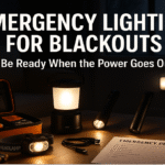 Bright, organized display of emergency lighting for blackouts—lantern, flashlight, headlamp, plug-in night light, emergency kit, and checklist on a modern table, with bold text overlay “Emergency Lighting for Blackouts.”