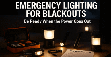 Bright, organized display of emergency lighting for blackouts—lantern, flashlight, headlamp, plug-in night light, emergency kit, and checklist on a modern table, with bold text overlay “Emergency Lighting for Blackouts.”