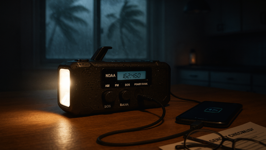Best emergency radio for power outages on during blackout, charging phone with NOAA alert screen lit in storm-tested home.