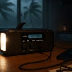 Best emergency radio for power outages on during blackout, charging phone with NOAA alert screen lit in storm-tested home.