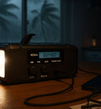 Best emergency radio for power outages on during blackout, charging phone with NOAA alert screen lit in storm-tested home.