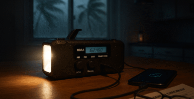 Best emergency radio for power outages on during blackout, charging phone with NOAA alert screen lit in storm-tested home.