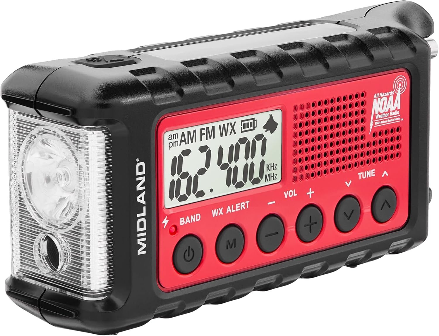 Midland ER310 emergency weather radio with crank, solar charging, flashlight, and NOAA alert