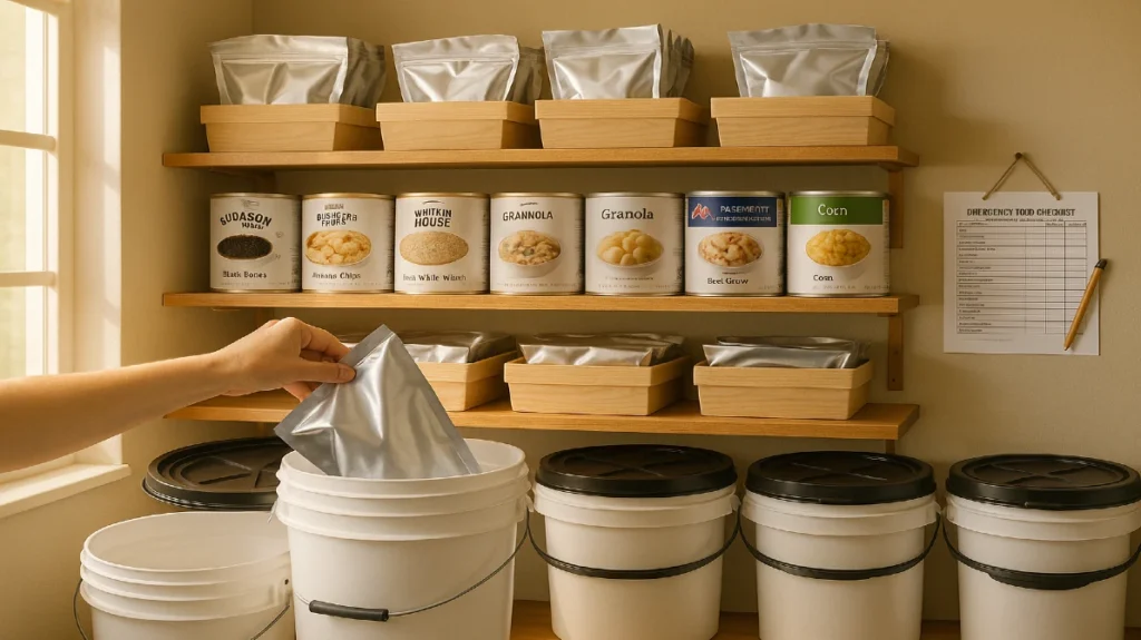 Organized home emergency food supply with long-term storage buckets, labeled cans, and checklist