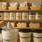Organized home emergency food supply with long-term storage buckets, labeled cans, and checklist