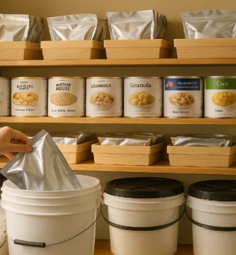 Organized home emergency food supply with long-term storage buckets, labeled cans, and checklist