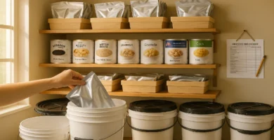 Organized home emergency food supply with long-term storage buckets, labeled cans, and checklist