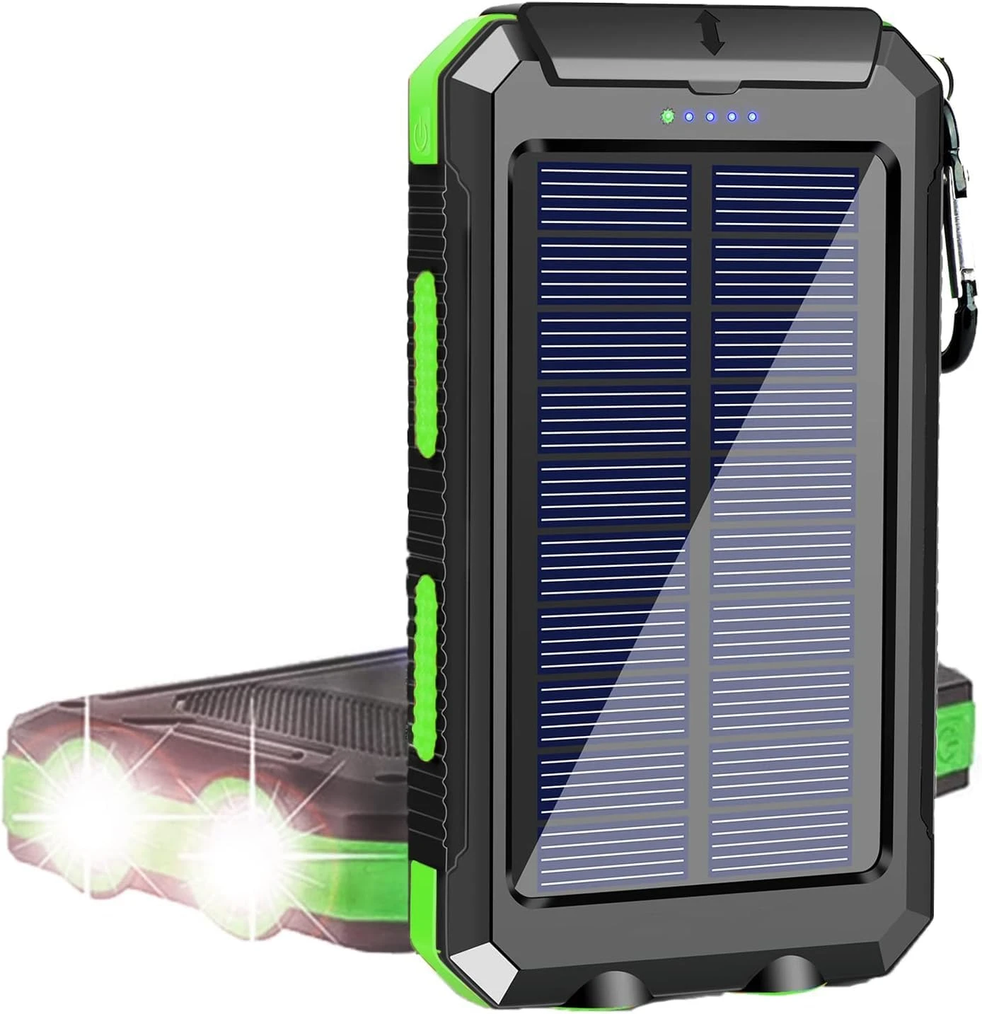 YELOMIN 30,000mAh solar power bank with dual flashlights and carabiner—great for off-grid prepping and storm response