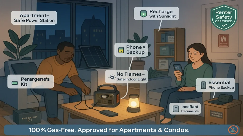 Backup power for renters: apartment resident uses safe portable power station, solar panel, and battery lantern during blackout—no gas generator, expert-approved solutions.