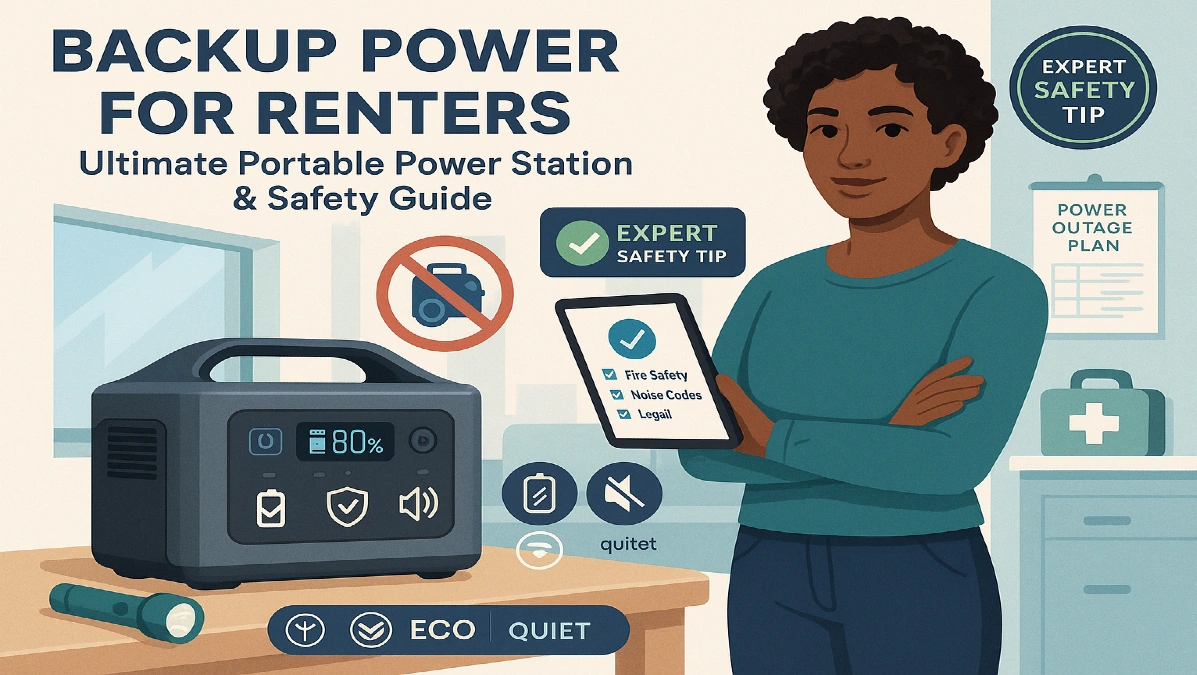 Illustration of backup power for renters with a portable power station used safely in an apartment, including safety checklist icons