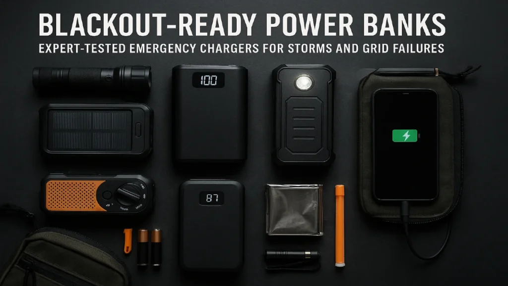 Blackout portable chargers and solar power banks arranged for emergency use—expert-tested options for storms and grid outages