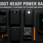 Blackout portable chargers and solar power banks arranged for emergency use—expert-tested options for storms and grid outages