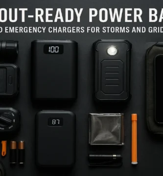 Blackout portable chargers and solar power banks arranged for emergency use—expert-tested options for storms and grid outages