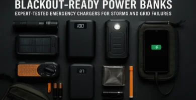 Blackout portable chargers and solar power banks arranged for emergency use—expert-tested options for storms and grid outages