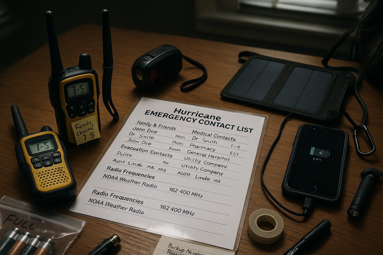 Emergency communication supplies including a written contact list, walkie talkies, and solar charger prepared for hurricane readiness