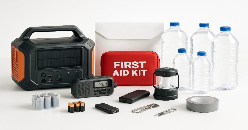 Emergency storm kits photo featuring solar generator, lantern, water, radio, first aid kit, batteries, charger, tools, and duct tape on a white background.