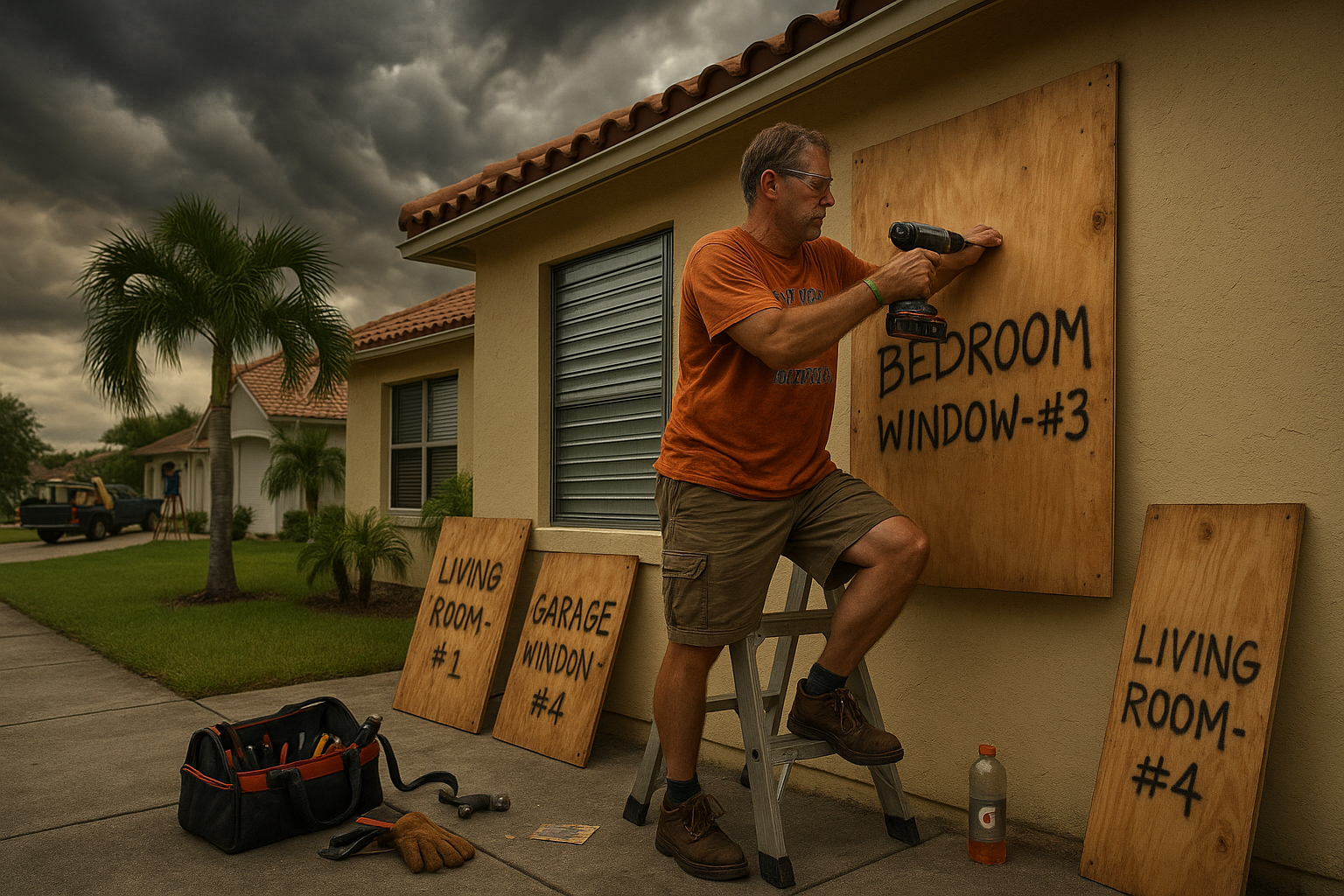 Florida homeowner securing windows with plywood before a hurricane, showing storm preparation for Florida Hurricane Preparedness Plan and protective measures