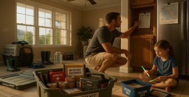 Florida Hurricane Preparedness Plan scene showing a calm family organizing their emergency kit with supplies, solar generator, and evacuation checklist in a Florida home.