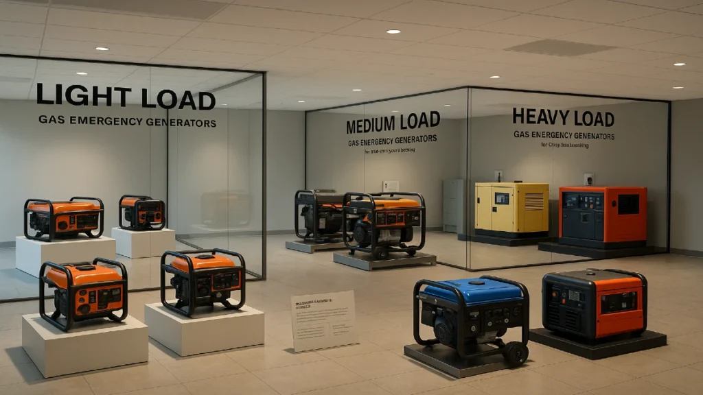 Showroom display of gas emergency generators organized by category, featuring light load gas emergency generators, medium load gas emergency generators, and heavy load gas emergency generators, each unit arranged on separate platforms with realistic lighting and detailed shadows, highlighting the variety of backup power options available for storms and blackouts.