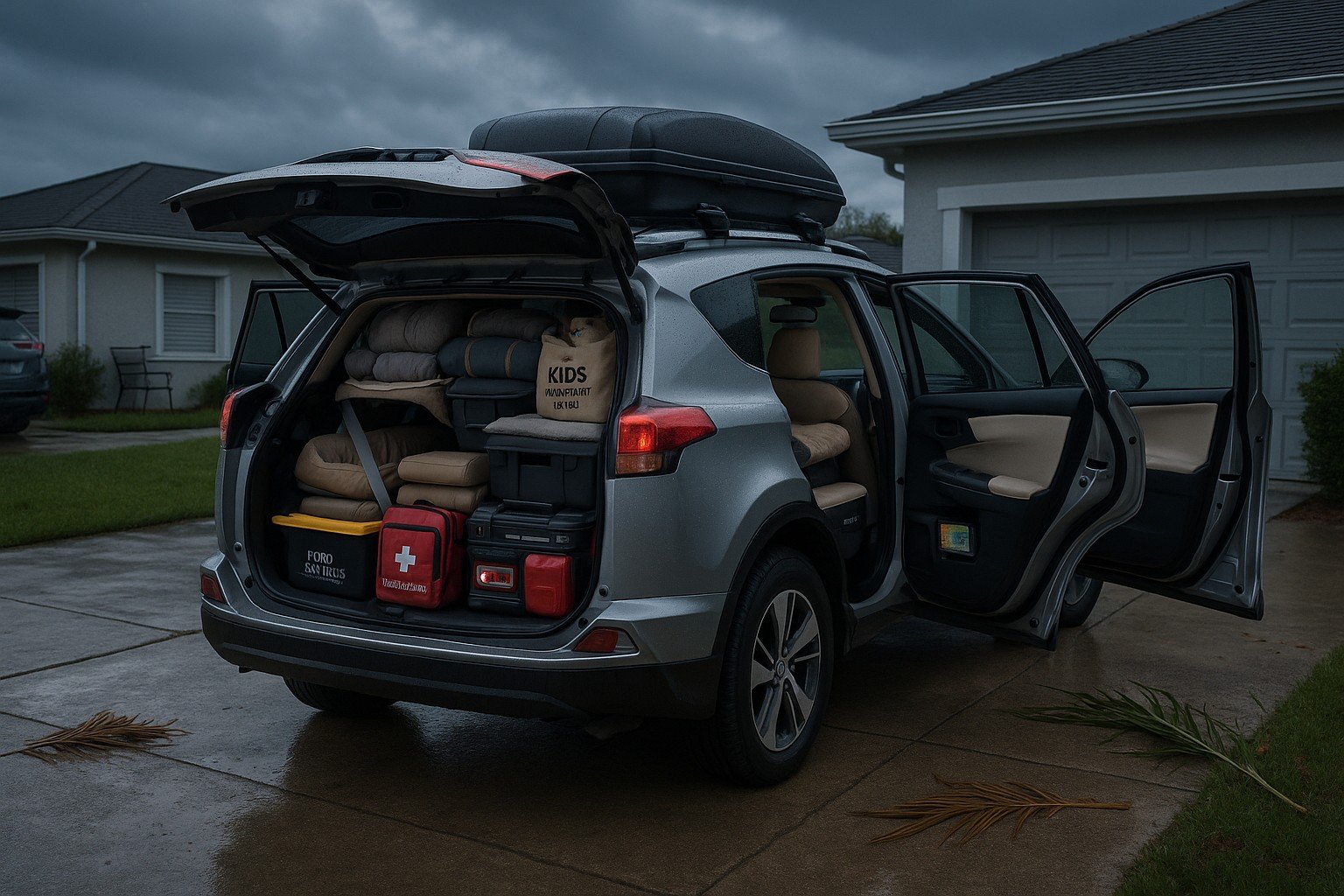 Car fully packed with emergency supplies, luggage, and essentials for hurricane evacuation readiness