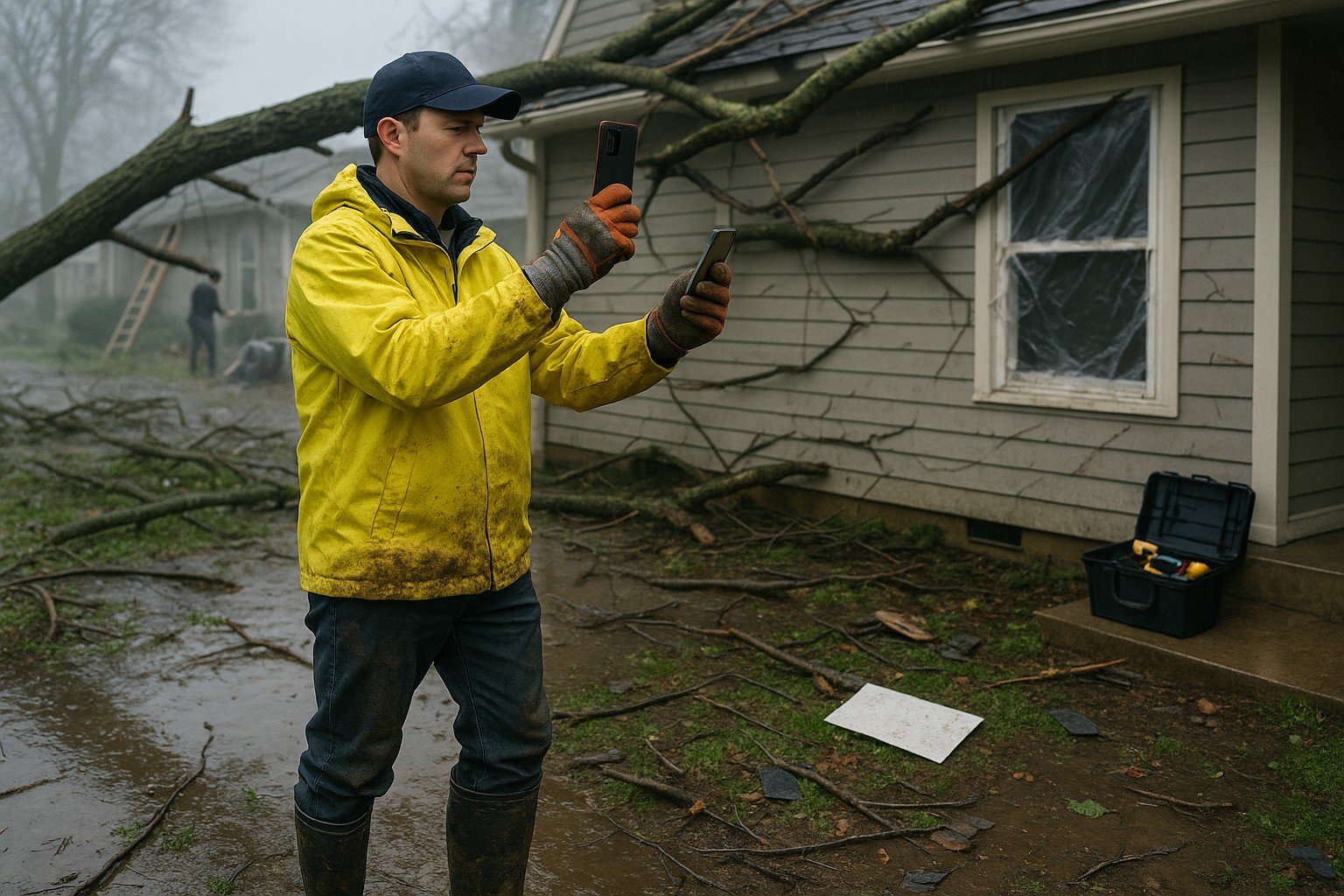Person inspecting a home’s roof and siding for damage after a hurricane, documenting structural issues and debris